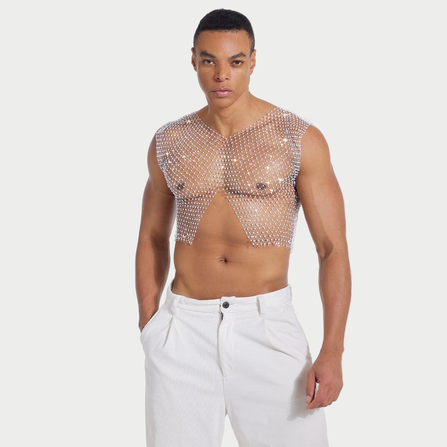 Rhinestone V-Cut Mesh Top