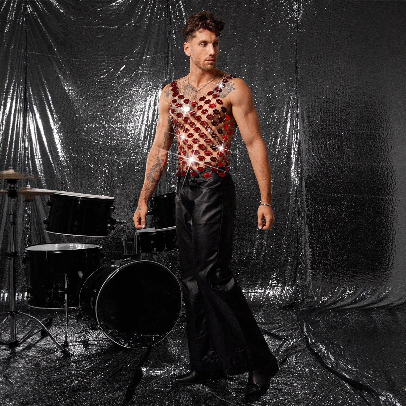 Red Lip Sequin Chain Top