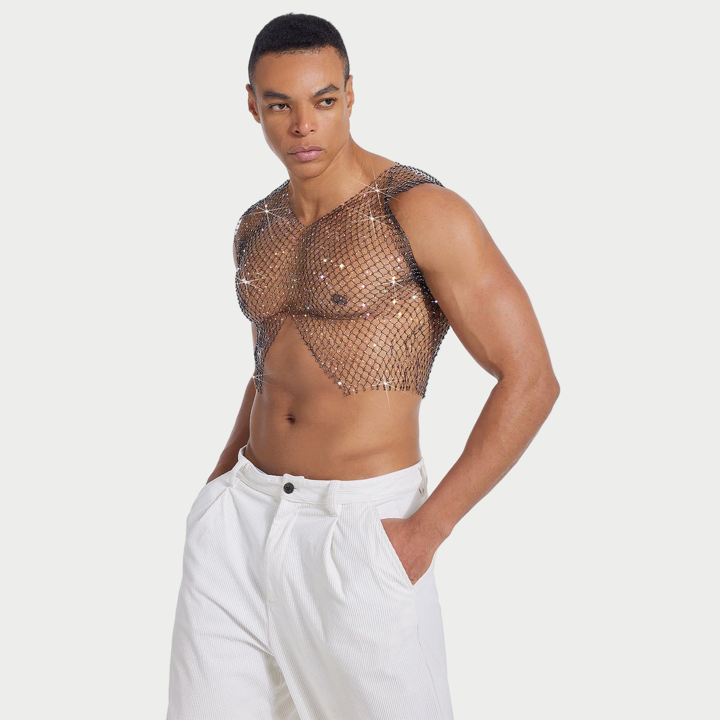 Rhinestone V-Cut Mesh Top