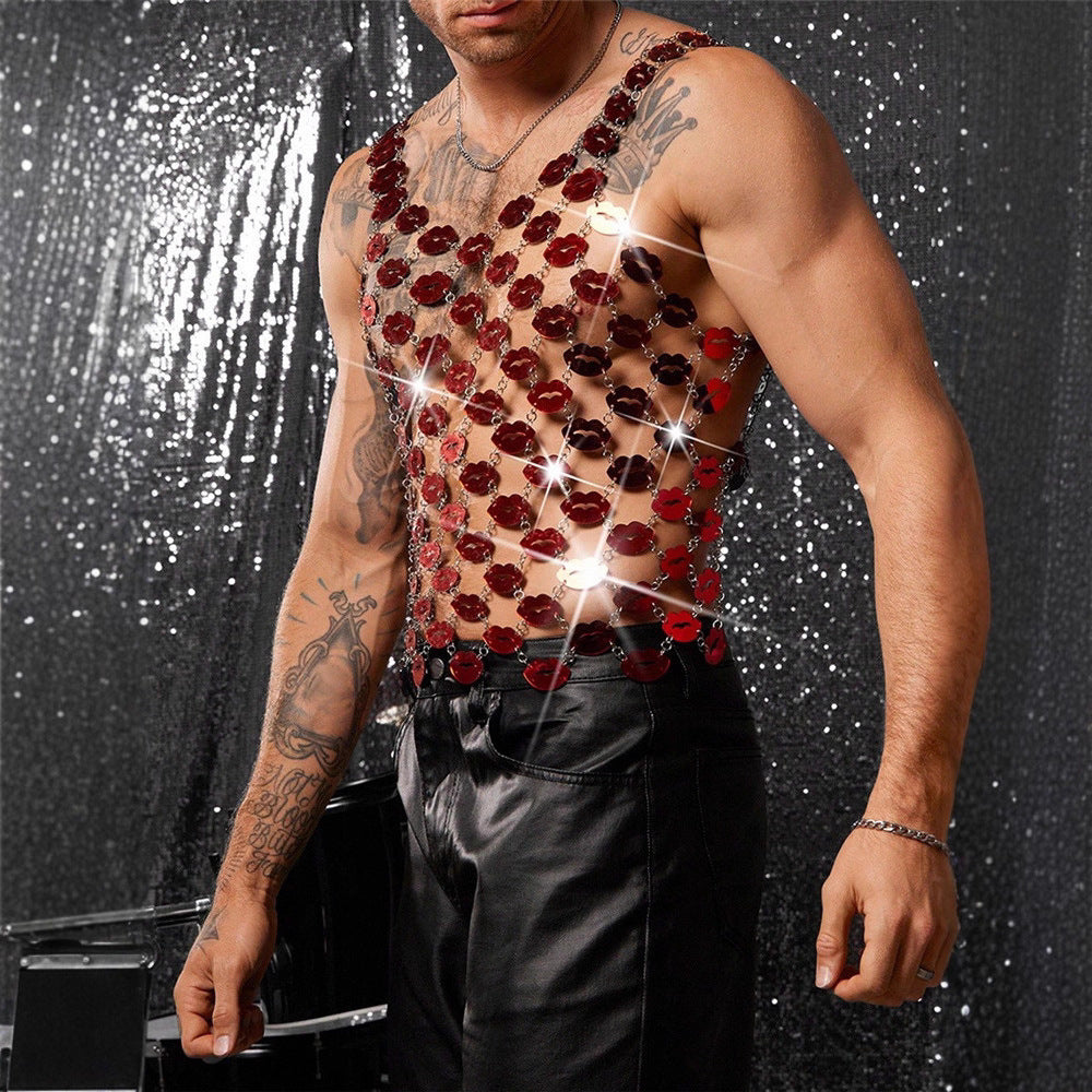 Red Lip Sequin Chain Top