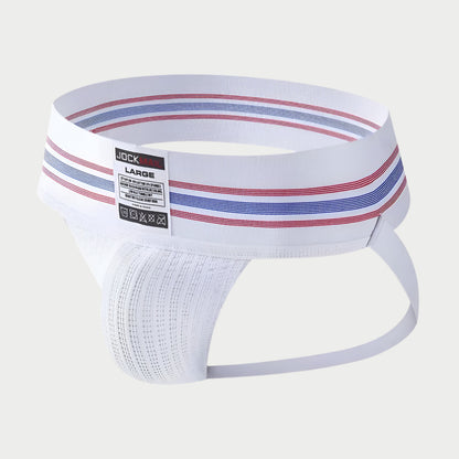 White athletic support belt with red and blue stripes on a white background