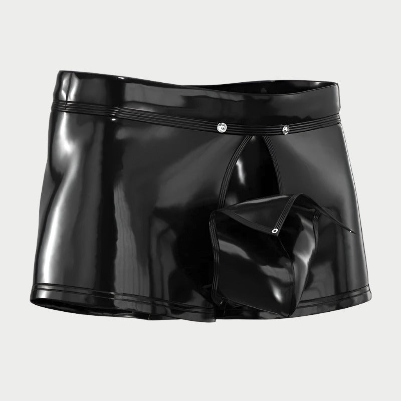 Black glossy shorts with a pouch on a white background
