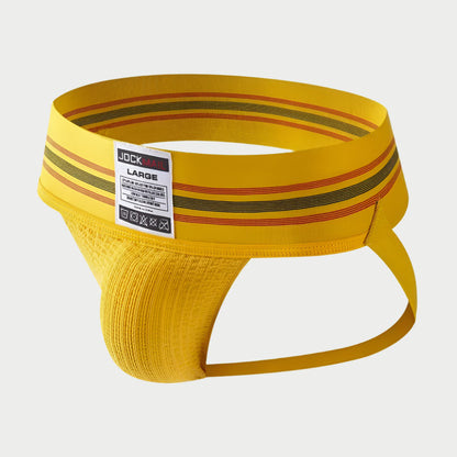 Yellow jockstrap with red and black stripes on a white background