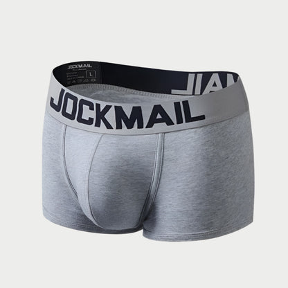 Gray boxer briefs with black waistband featuring 'Jockmail' brand on a white background