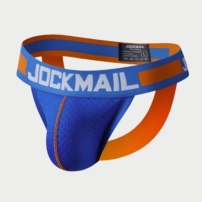 Blue and orange jockstrap with 'Jockmail' branding on a white background